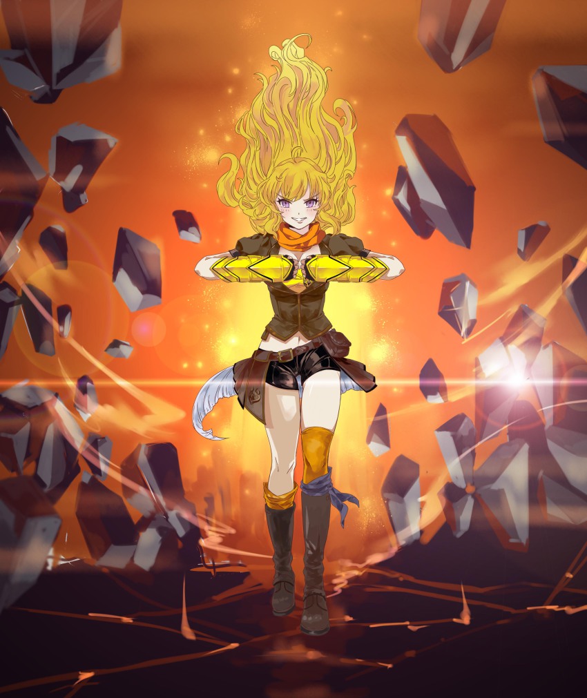 1girl absurdres ahoge belt black_gloves black_shorts blonde_hair boots breasts brown_top cleavage clenched_hands female_focus fingerless_gloves gauntlets gloves grin guaizi highres jacket long_hair looking_at_viewer midriff navel neckerchief orange_neckerchief purple_eyes rwby shorts single_thighhigh smile solo thighhighs waist_cape yang_xiao_long yellow_gauntlets