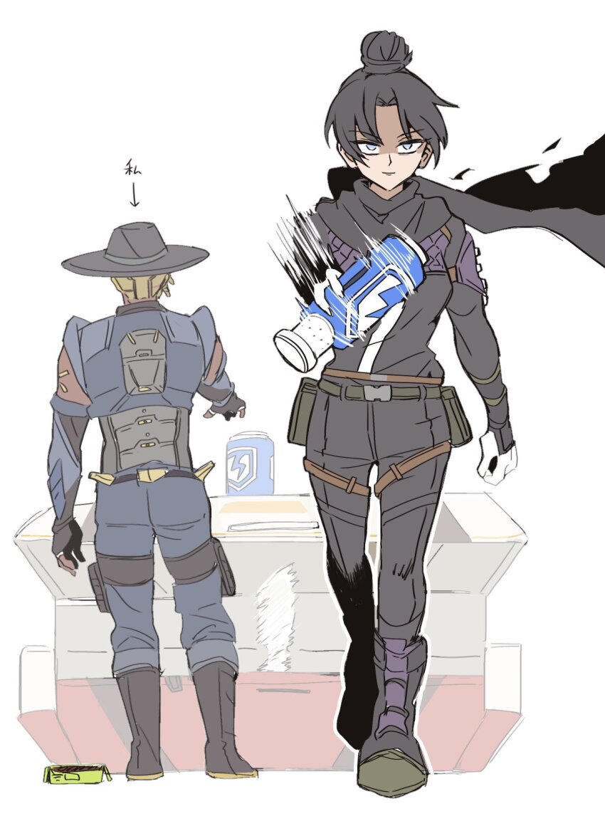1boy 1girl animification apex_legends belt black_bodysuit black_hair black_hat black_scarf blonde_hair blue_eyes blue_jacket blue_pants bodysuit green_belt hair_bun hat highres holding jacket lightning_bolt_symbol motion_lines nojima_minami pants parted_bangs scarf seer_(apex_legends) shaded_face single_hair_bun smile socks thigh_belt thigh_strap walking white_socks wraith_(apex_legends)