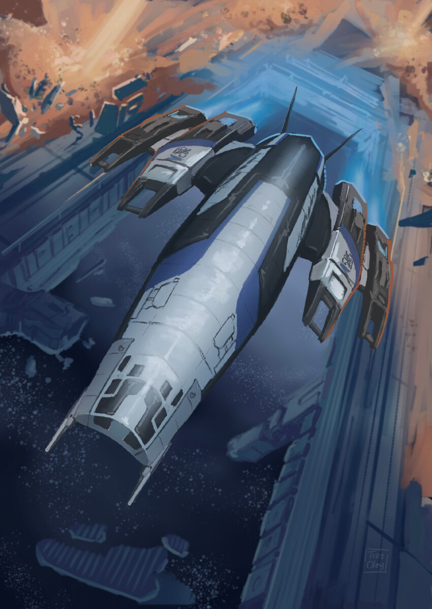 commentary english_commentary explosion from_above highres mass_effect_(series) mass_effect_3 no_humans oleg_tsoy procreate_(medium) science_fiction space spacecraft ssv_normandy_sr-2 star_(sky) vehicle_focus