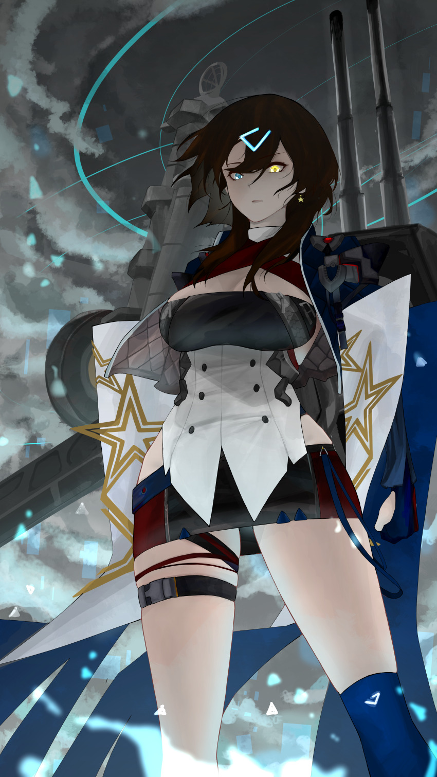 1girl absurdres artillery azur_lane blue_eyes breasts brown_hair buttons cloud commentary dark_clouds double-breasted earrings english_commentary from_below georgia_(azur_lane) gloves glowing glowing_eyes heterochromia highres jewelry large_breasts long_hair looking_at_viewer microskirt partially_fingerless_gloves rigging scarfpen01 ship_turret skirt solo standing star_(symbol) star_earrings two-tone_skirt yellow_eyes