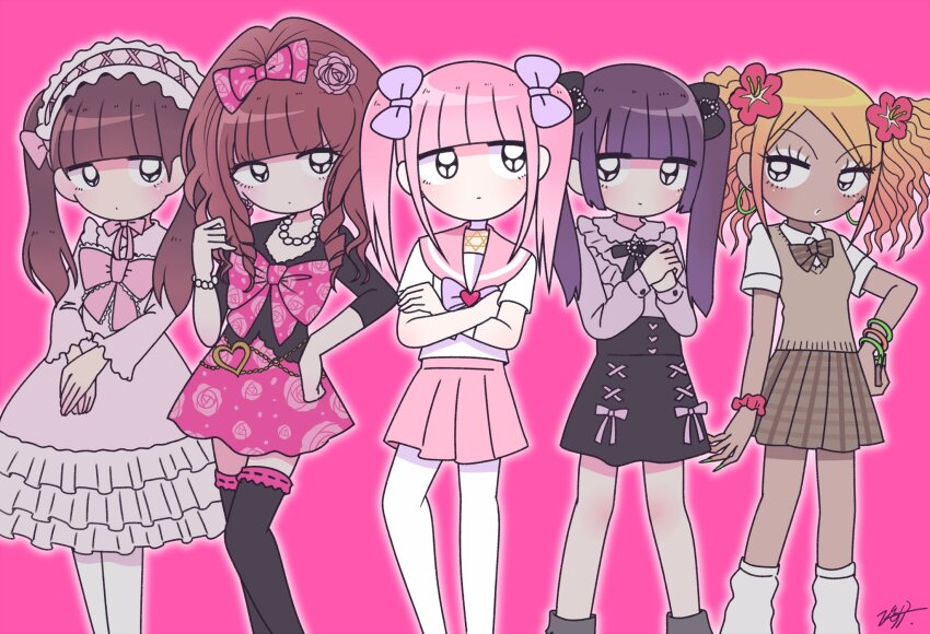 5girls bead_bracelet bead_necklace beads black_bow black_eyes black_ribbon black_shirt black_skirt black_thighhighs blonde_hair blunt_bangs bow bowtie bracelet brown_bow brown_bowtie brown_hair brown_skirt brown_vest closed_mouth collared_shirt crossed_arms dress earrings ezaki_bisuko floral_print floral_print_bow floral_print_skirt flower frilled_bow frilled_dress frills green_nails gyaru hair_bow hair_flower hair_ornament hairband hand_on_own_hip heart heart_earrings hexagram highres hoop_earrings jewelry jirai_kei jitome lolita_fashion lolita_hairband long_hair looking_at_another looking_at_viewer looking_to_the_side loose_socks menhera-chan_(ezaki_bisuko) menhera-chan_(ezaki_bisuko)_(character) multiple_girls necklace outer_glow pink_background pink_bow pink_dress pink_flower pink_hair pink_ribbon pink_shirt pink_skirt plaid_clothes plaid_skirt print_skirt purple_bow purple_hair red_flower red_scrunchie ribbon school_uniform scrunchie serafuku shirt short_sleeves sidelocks signature simple_background skirt socks star_of_david tan thighhighs twintails vest white_serafuku white_shirt white_socks white_thighhighs wrist_scrunchie