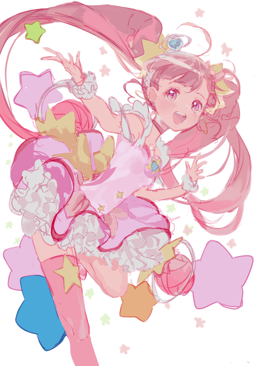 1girl :d absurdres ahoge choker circle_skirt cure_star floating_hair frilled_wrist_cuffs frills hair_ornament highres hoshina_hikaru leotard long_hair looking_at_viewer magical_girl miniskirt open_mouth outstretched_arm petticoat pink_eyes pink_hair pink_leotard pink_skirt pink_thighhighs precure seika_(yuimarutoka0219) simple_background single_thighhigh sketch skirt sleeveless smile solo standing standing_on_one_leg star_(symbol) star_hair_ornament star_twinkle_precure teeth thighhighs twintails upper_teeth_only very_long_hair white_background wrist_cuffs