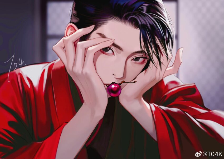 1boy berry black_eyes black_hair blurry blurry_background character_request closed_mouth copyright_request hands_on_own_face highres looking_to_the_side male_focus portrait red_robe robe signature solo toscana20460423 watermark weibo_watermark wide_sleeves window
