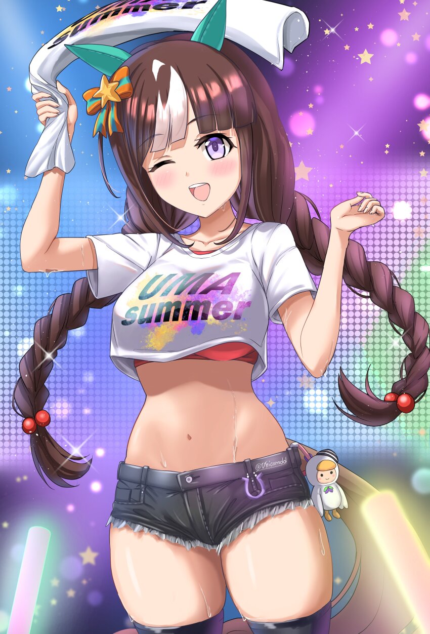 1girl absurdres alternate_costume animal_ears beret blush braid breasts commentary_request crop_top hair_ornament hat highres hokko_tarumae_(umamusume) horse_ears horse_girl looking_at_viewer medium_breasts midriff navel open_mouth purple_eyes shorts solo sweat thighhighs towel twin_braids uma_summer_(umamusume) umamusume unicorndd123