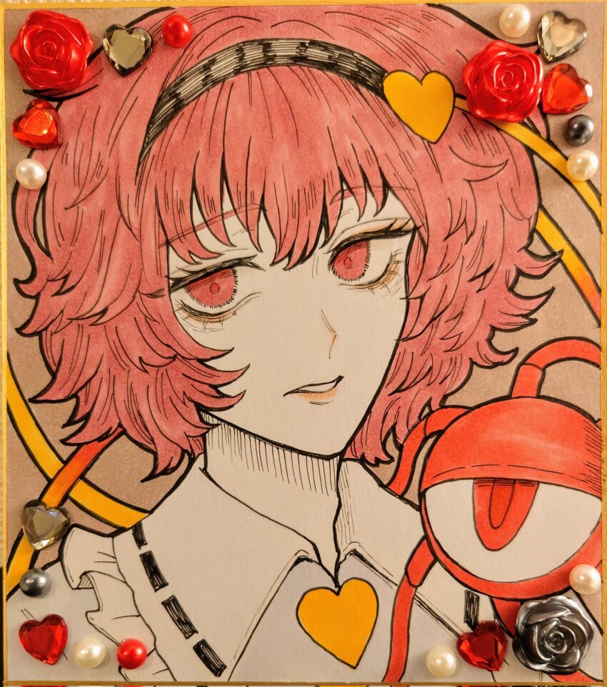 1girl black_hairband blue_shirt brown_background buttons collar extra_ears flower frilled_shirt frilled_shirt_collar frills gem grey_flower grey_rose hair_between_eyes hair_ornament hairband heart heart_button heart_hair_ornament highres komeiji_satori mamiru_(42105269) pale_skin pearl_(gemstone) photo_(medium) pink_eyes pink_hair pink_pupils red_eyes red_flower red_pupils red_rose rose shirt simple_background teeth third_eye touhou traditional_media veins white_collar