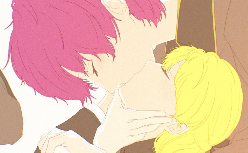 2girls blonde_hair blush collared_shirt hat heaven_burns_red kiss long_sleeves m0sa_4 multiple_girls nanase_nanami_(heaven_burns_red) purple_hair shirt short_hair tezuka_saki yuri