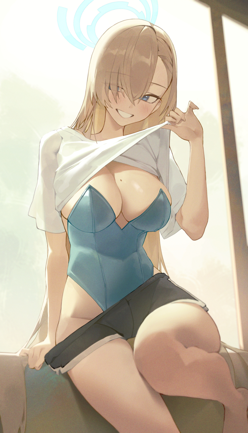 1girl asuna_(blue_archive) asuna_(bunny)_(blue_archive) bare_legs black_shorts blue_archive blue_halo blue_leotard breasts brown_hair cleavage clothes_lift clothes_pull commentary_request eyes_visible_through_hair hair_over_one_eye halo highres large_breasts leotard lifting_own_clothes long_hair looking_to_the_side mole mole_on_breast official_alternate_costume playboy_bunny pulling_own_clothes shirt shirt_lift shorts shorts_pull sitting smile solo thighs white_shirt yidh_79