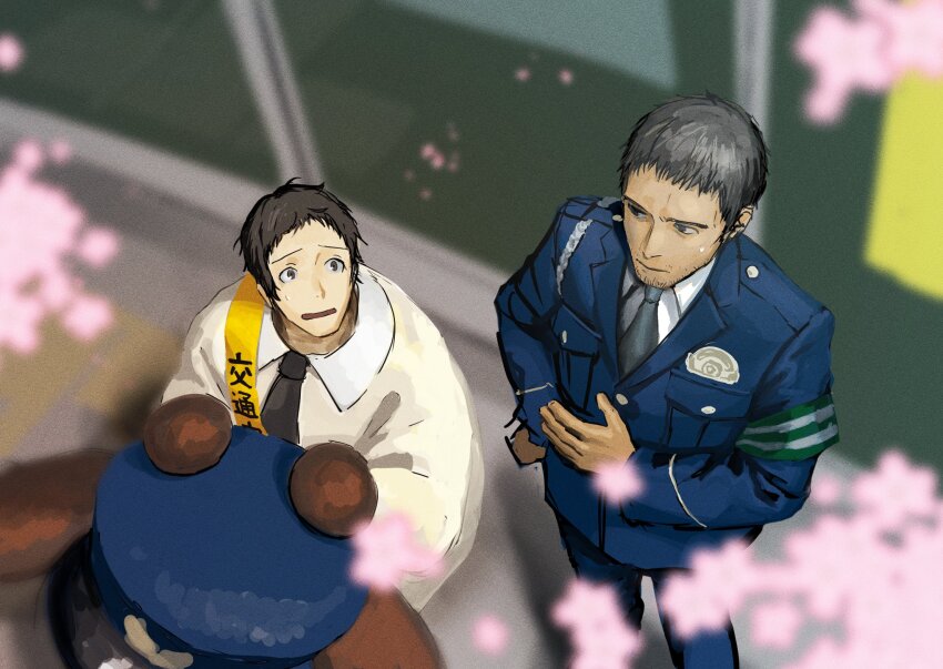2boys adachi_tooru armband beard_stubble black_hair blurry blurry_background blurry_foreground cherry_blossoms doujima_ryoutarou facial_hair falling_petals green_armband highres looking_at_another male_focus mascot_costume morrisuit multiple_boys parted_lips persona persona_4 petals police police_uniform policeman sash short_hair stubble sweatdrop yellow_sash