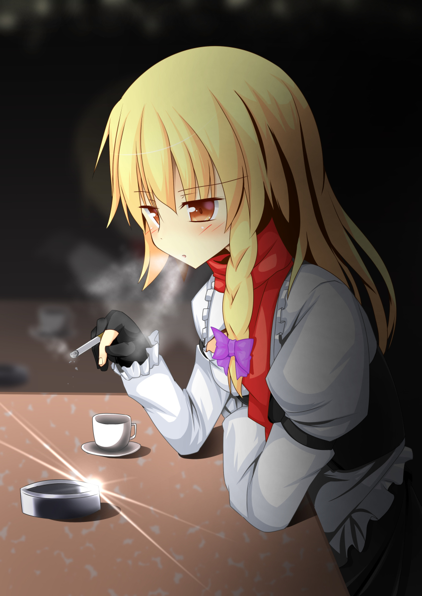 1girl absurdres ashtray black_gloves black_vest blonde_hair blush bow braid brown_eyes cigarette commentary_request cookie_(touhou) cup gloves hair_bow highres holding holding_cigarette juliet_sleeves kirisame_marisa long_hair long_sleeves looking_down mars_(cookie) open_mouth partially_fingerless_gloves plate puffy_sleeves purple_bow red_scarf reflection scarf side_braid single_braid smoking solo szk teacup touhou upper_body vest