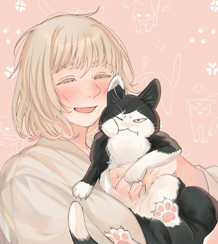 1girl alt_text anger_vein animal animalization blonde_hair blush cat closed_eyes colored_eyelashes dungeon_meshi falin_touden falin_touden_(tallman) grey_shirt hair_between_eyes hand_up highres holding holding_animal holding_cat izutsumi long_sleeves open_mouth paw_print pink_background sasakura34 scratches shirt short_hair smile upper_body