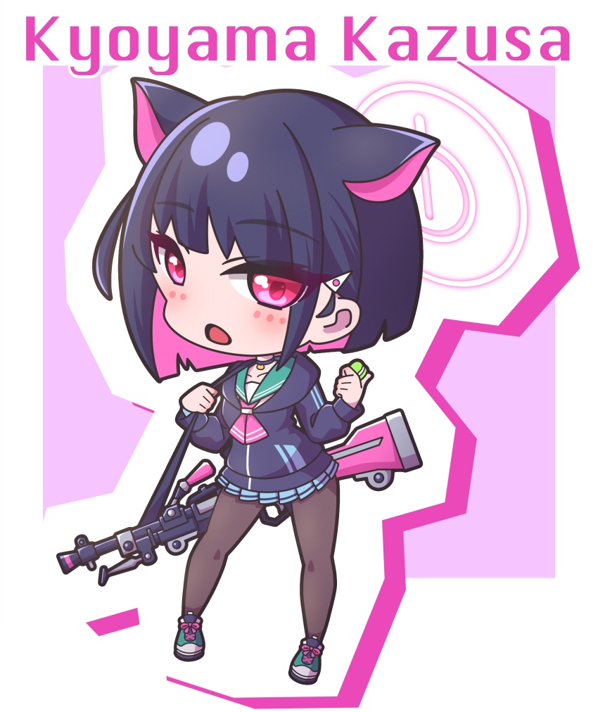 1girl absurdres animal_ears black_choker black_hair black_jacket blue_archive blue_skirt blush bren_lmg brown_pantyhose cat_ears character_name chibi choker commentary_request food full_body green_sailor_collar green_shoes gun gun_sling halo hands_up highres holding holding_food hood hood_down hooded_jacket jacket kazusa_(blue_archive) light_machine_gun long_sleeves looking_at_viewer macaron machine_gun multicolored_hair open_mouth outline pantyhose pink_background pink_hair pleated_skirt puffy_long_sleeves puffy_sleeves red_eyes sailor_collar saishosaisekojo school_uniform serafuku shirt shoes skirt solo standing two-tone_hair weapon white_outline white_shirt