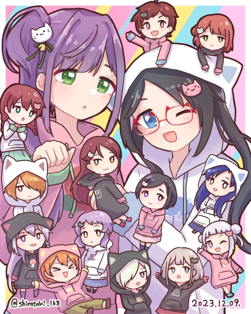 &gt;_&lt; 1boy 6+girls :3 :d ;d ahoge animal_hood aqua_eyes arashi_chisato black_hair black_hoodie blue_background blue_eyes blue_hair blue_skirt blush braid bright_pupils brown_eyes brown_hair bun_with_braided_base cat_hair_ornament cat_hood character_request colorful_background commentary_request dark_blue_hair dated diagonal-striped_background double_bun emma_verde facial_hair goatee_stubble green_eyes green_skirt grey_hair hair_bun hair_intakes hair_ornament hair_over_one_eye hands_in_pocket highres hood hood_down hood_up hoodie hoshizora_rin idolmaster idolmaster_shiny_colors ijigen_fes_idolmaster_love_live!_utagassen link!_like!_love_live! long_hair long_hoodie long_sleeves love_live! love_live!_school_idol_project love_live!_sunshine!! love_live!_superstar!! low_twin_braids medium_hair mia_taylor mini_person miniboy minigirl miniskirt miyaco_(shirataki_168) multiple_girls on_head one_eye_closed one_eye_covered open_mouth orange_hair otomune_kozue person_on_head pink_background pink_eyes pink_hair pink_hoodie purple_eyes purple_hair red_skirt sakurauchi_riko serizawa_asahi short_hair side_ponytail sidelocks single_side_bun single_sidelock skirt smile striped_background stubble twin_braids twintails twitter_username uehara_ayumu white_hoodie white_pupils x3 xd yellow_background