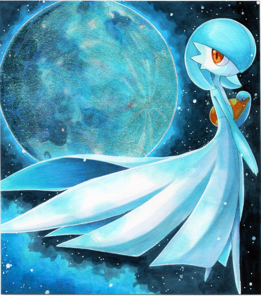 1girl alternate_color black_sky blue_hair blue_moon blue_skin blue_theme bob_cut closed_mouth cloud colored_skin female_focus flat_chest from_side full_moon gardevoir gen_3_pokemon hair_over_one_eye hand_on_own_chest hand_up highres looking_afar looking_back marker_(medium) moon multicolored_skin night nintendo one_eye_covered orange_eyes outdoors pokemon pokemon_(creature) shiny_pokemon short_hair sky solo star_(sky) traditional_media two-tone_skin white_skin yuka_(yukaaaaaaa0705)