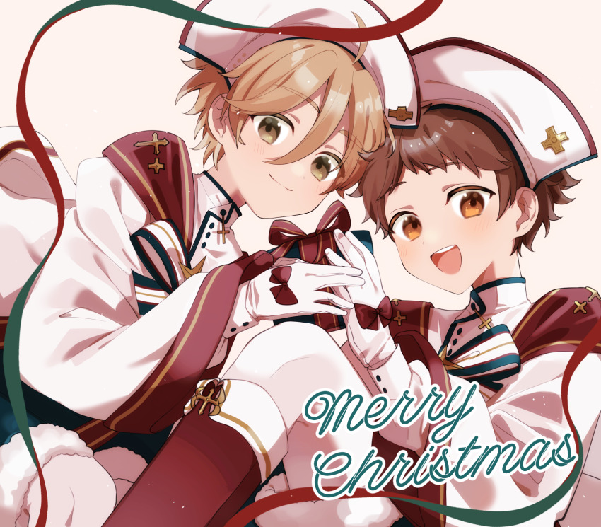 2boys bow brown_eyes brown_hair ensemble_stars! gift gloves hair_between_eyes hat highres holding holding_gift looking_at_viewer male_focus mashiro_tomoya merry_christmas multiple_boys nurse_cap open_mouth red_bow red_ribbon ribbon shisokonbu short_hair simple_background smile teeth tenma_mitsuru upper_teeth_only white_background white_gloves white_hat