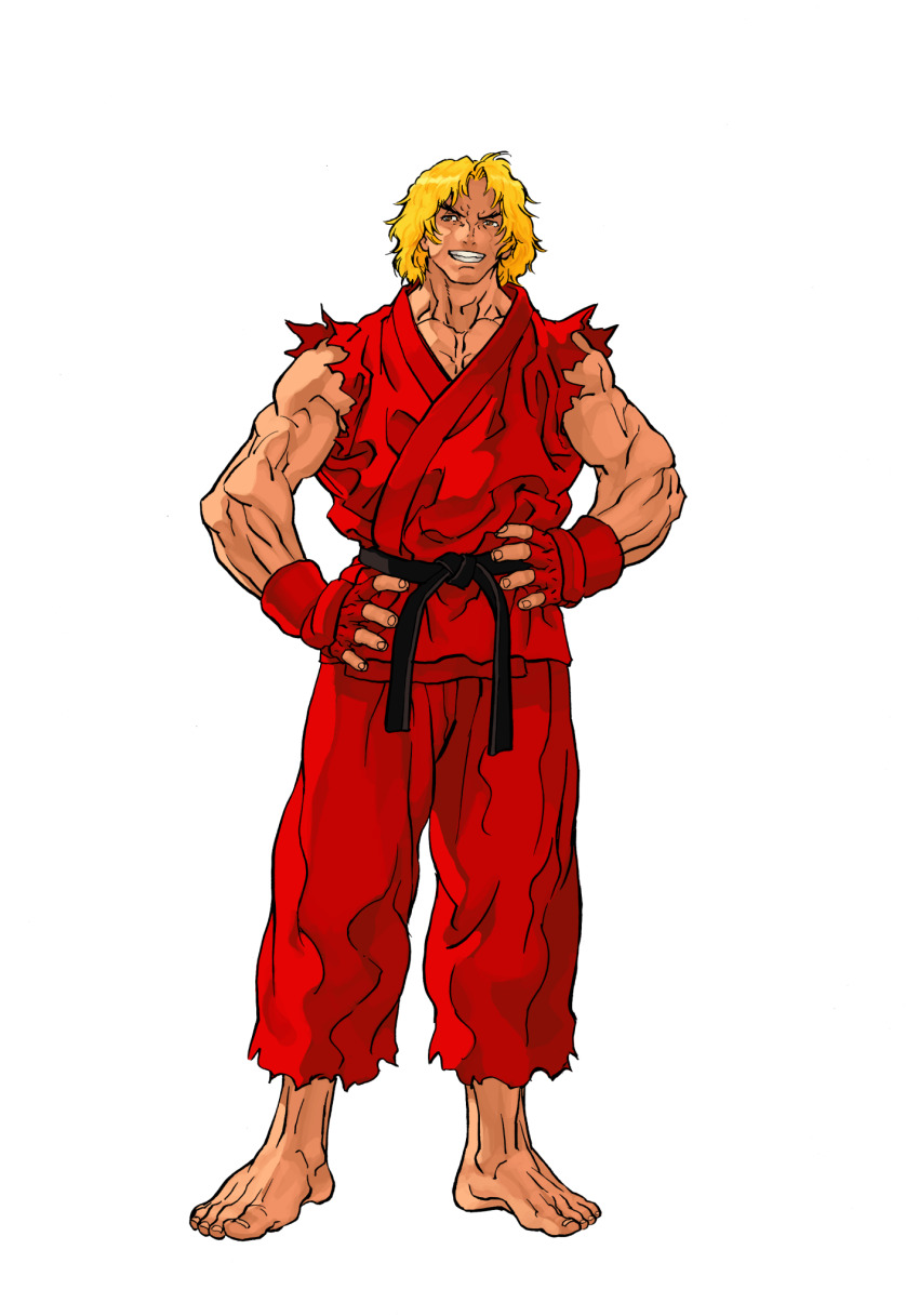 1boy barefoot blonde_hair dougi facing_viewer fingerless_gloves game_cg gloves grin hands_on_own_hips highres karate_gi ken_masters male_focus mma_gloves muscular muscular_male nishimura_kinu non-web_source official_art sideways_glance simple_background smile solo solo_focus street_fighter street_fighter_iii_(series) teeth thick_eyebrows white_background