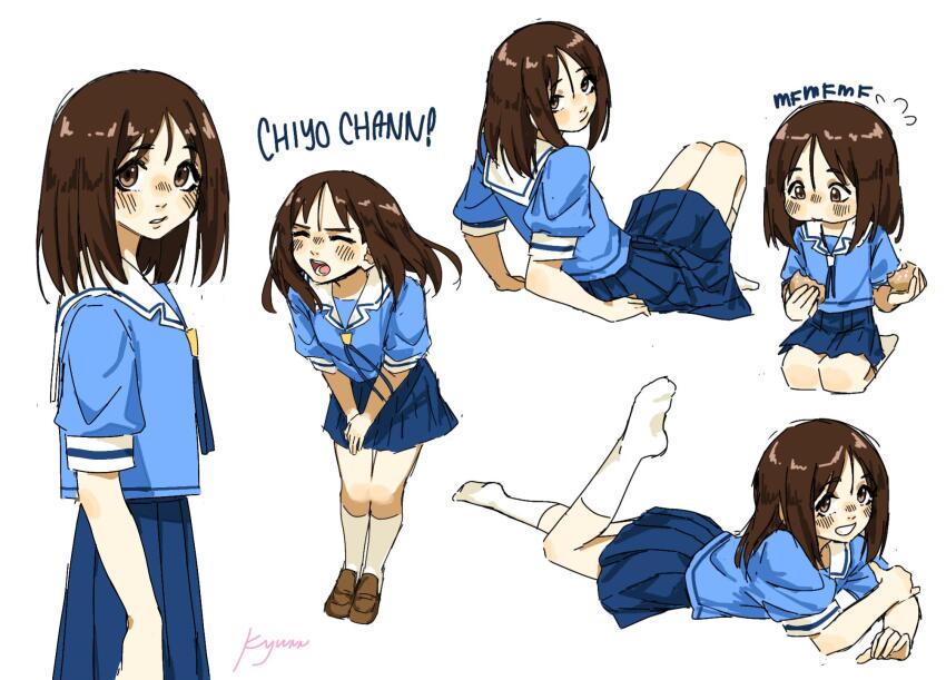 1girl arms_at_sides artist_name azumanga_daioh&#039;s_school_uniform azumanga_daiou blue_ribbon blue_serafuku blue_shirt blue_skirt blue_trim blush breasts brown_eyes brown_footwear brown_hair chewing closed_eyes closed_mouth collared_shirt commentary cowboy_shot dress_shirt eating english_commentary foot_up from_side furrowed_brow grin hair_between_eyes hands_on_own_thighs highres kasuga_ayumu kneeling knees_up kyuunn leaning_forward loafers looking_at_viewer looking_back looking_to_the_side lounging lying medium_hair multiple_views neck_ribbon no_shoes nose_blush on_stomach open_mouth own_hands_together parted_bangs parted_lips pleated_skirt puffy_cheeks ribbon romaji_text sailor_collar sata_andagi school_uniform serafuku shirt shoes short_sleeves shouting signature simple_background sketch skirt small_breasts smile socks solo_focus standing summer_uniform v_arms white_background white_sailor_collar white_socks white_trim