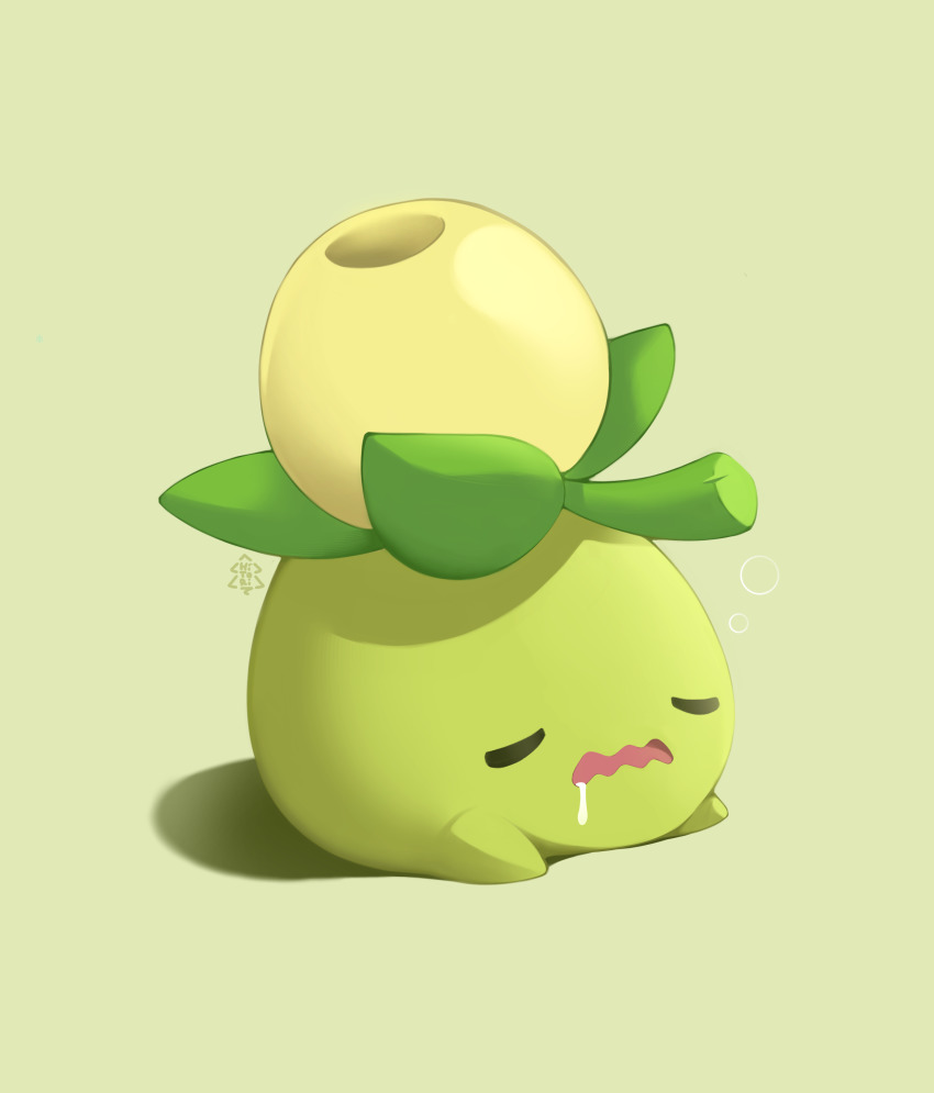 absurdres closed_eyes commentary creatures_(company) drooling full_body game_freak green_background highres hitoridoodles nintendo no_humans open_mouth pokemon pokemon_(creature) pokemon_focus saliva sleeping smoliv solo tongue wavy_mouth
