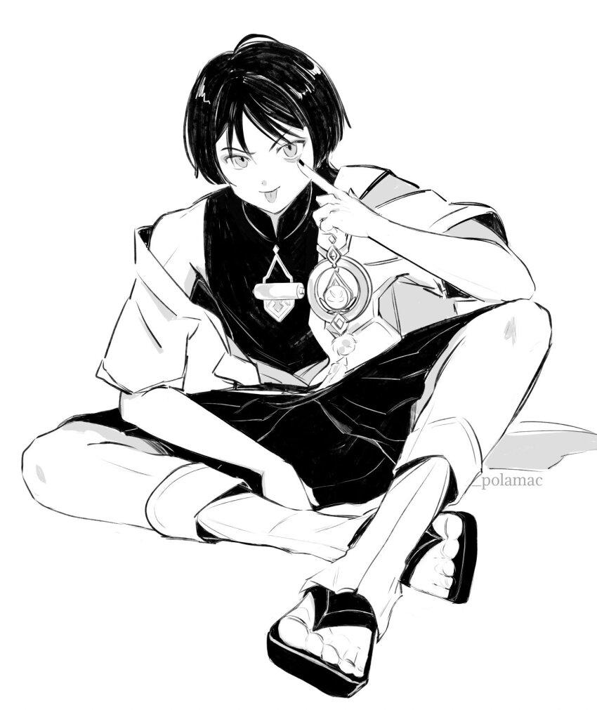 1boy :p akanbe artist_name blunt_ends bodysuit elbow_on_knee elbow_on_thigh eyelid_pull feathers finger_to_eye fingernails full_body gem genshin_impact hakama hakama_shorts han&#039;eri highres japanese_clothes kimono knees_apart_feet_together layered_clothes layered_kimono layered_sleeves leg_warmers looking_at_viewer mac_(polamac) male_focus mandarin_collar monochrome open_clothes open_kimono pom_pom_(clothes) sandals scaramouche_(genshin_impact) short_sleeves shorts single_off_shoulder sitting socks solo toes tongue tongue_out vision_(genshin_impact) zouri