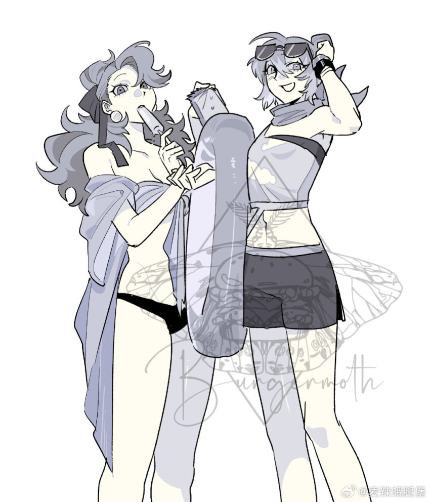 bikini bow food highres holding holding_food holding_ice_cream ice_cream long_hair monochrome original shorts smile swim_ring swimsuit watermark weibo_6588363970 yuri