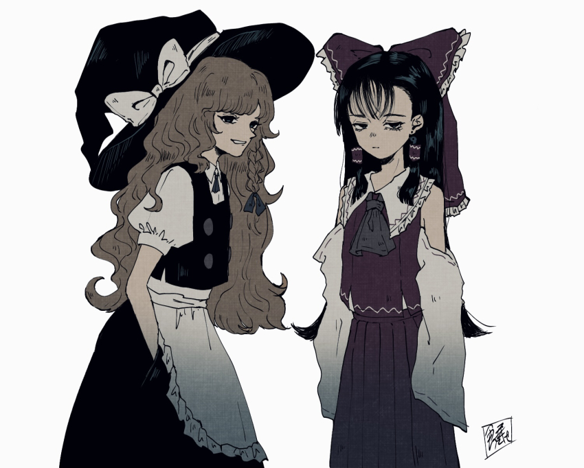 2girls apron ascot bags_under_eyes bare_shoulders black_dress black_eyes black_hair blonde_hair blue_bow bow braid buttons detached_sleeves dress feet_out_of_frame frilled_dress frills hair_bow hair_tubes hakurei_reimu hat hat_bow highres kirisame_marisa long_hair medium_hair multiple_girls nontraditional_miko puffy_sleeves red_bow red_shirt red_skirt ribbon-trimmed_sleeves ribbon_trim shirt short_hair short_sleeves side_braid sidelocks simple_background single_braid skirt skirt_set sleeveless smile sokura_(mochichitose) touhou unamused waist_apron white_background white_bow witch_hat yellow_eyes