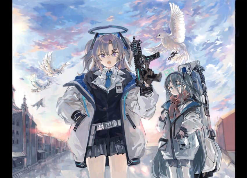 2girls aris_(blue_archive) bird black_gloves black_hair black_hairband black_jacket black_skirt blue_archive blue_eyes blue_sky building cloud cloudy_sky coat dove energy_cannon feet_out_of_frame gloves gun gun_on_back hair_between_eyes hairband halo hand_in_pocket hand_up holding holding_gun holding_weapon jacket konabetate long_hair long_sleeves looking_at_viewer miniskirt morning multiple_girls oekaki one_side_up open_clothes open_coat open_mouth outdoors pillarboxed purple_eyes purple_hair red_scarf road scarf school_uniform sig_mpx sig_sauer skirt sky standing street submachine_gun town trigger_discipline very_long_hair weapon weapon_on_back white_coat yuuka_(blue_archive)