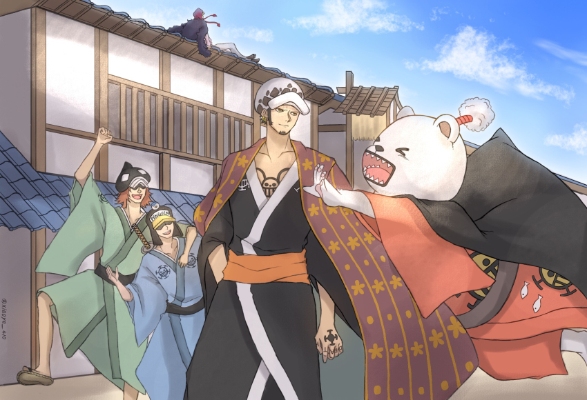 &gt;_&lt; 5boys ^_^ animal arm_tattoo bear bepo_(one_piece) blue_kimono chest_tattoo chonmage closed_eyes cloud commentary_request donquixote_rocinante facial_hair goatee green_kimono haori hat highres hood hug japanese_clothes kimono multiple_boys on_roof one_piece orange_hair orange_sash outdoors penguin_(one_piece) sandals sash shachi_(one_piece) sharp_teeth sideburns tattoo teeth topknot trafalgar_law user_mztv4455 wide_sleeves