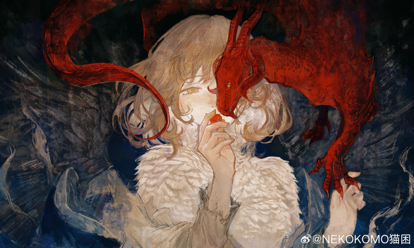 1girl absurdres artist_name blonde_hair body_fur brown_sleeves chinese_commentary closed_mouth commentary dragon dungeon_meshi falin_touden falin_touden_(chimera) feathered_wings feathers food fruit highres holding holding_food holding_fruit nekokomo one_eye_covered painterly raspberry red_dragon_(dungeon_meshi) short_hair smile solo torn_clothes torn_sleeves upper_body watermark weibo_watermark white_feathers wings yellow_eyes