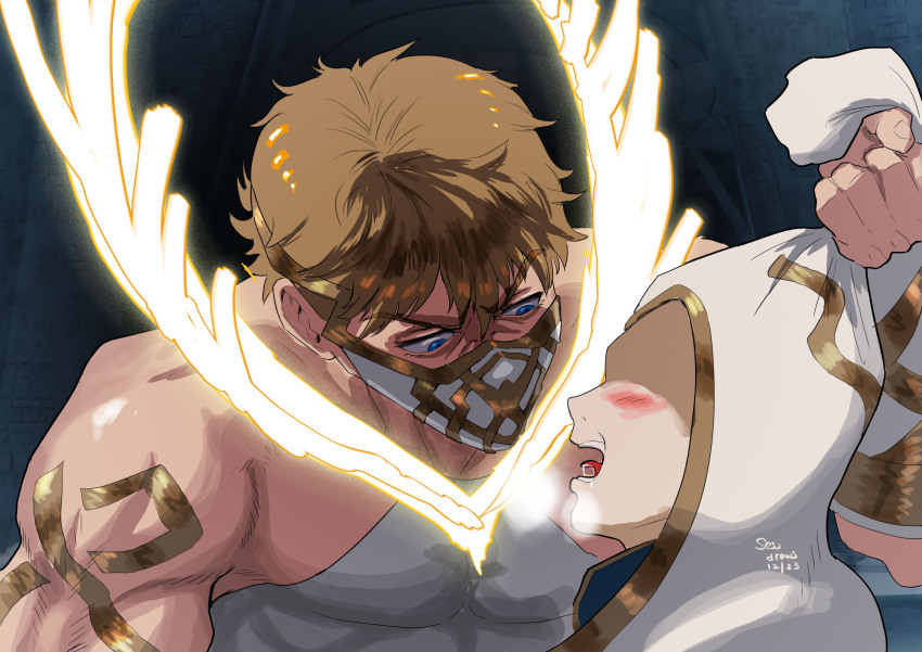 1boy 1other antlers bara biceps deer_antlers deer_boy dominatrix eikthyrnir_(fire_emblem) fire_emblem fire_emblem_heroes glowing_antlers highres horns kiran_(fire_emblem) large_pectorals mask masked mouth_mask muscular muscular_male nintendo pectorals sessdraws