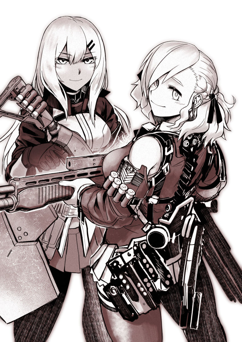 12-gauge 12-gauge_(2_3/4_inch_shell) 2girls ammunition bare_shoulders braid breasts commentary_request cowboy_shot dark-skinned_female dark_skin didloaded dual-mode_shotgun earpiece exoskeleton franchi french_braid girls&#039;_frontline griffin_&amp;_kryuger_logo grifon_&amp;_kryuger gun hair_between_eyes hair_ornament hair_ribbon hairclip highres holding holding_gun holding_weapon long_hair looking_at_viewer looking_back m590_(girls&#039;_frontline) medium_breasts monochrome mossberg_590 multiple_girls pleated_skirt pump-action_shotgun pump_action revolver_speedloader ribbon semi-automatic_shotgun shield shield_module shotgun shotgun_shell shotgun_speedloader sidelocks skirt smile spas-12 spas-12_(girls&#039;_frontline) weapon