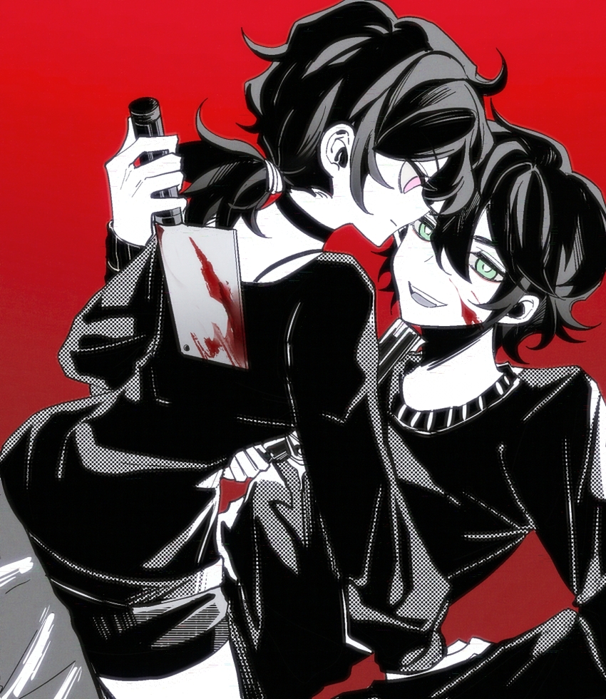 1boy 1girl :d ahoge andrew_graves ashley_graves at_gunpoint blood blood_on_face bloody_knife bright_pupils brother_and_sister choker cleaver commentary_request cowboy_shot eye_contact face-to-face girl_on_top green_eyes greyscale_with_colored_background gun hair_tie halftone highres holding holding_cleaver holding_gun holding_knife holding_weapon knife long_sleeves looking_at_another low_ponytail lying medium_hair niwatari_(xtgydl) on_back open_mouth pants pink_eyes ponytail profile puffy_long_sleeves puffy_sleeves red_background shirt short_hair short_shorts shorts siblings simple_background sitting sitting_on_lap sitting_on_person smile spot_color sweater teeth the_coffin_of_andy_and_leyley tongue upper_teeth_only weapon