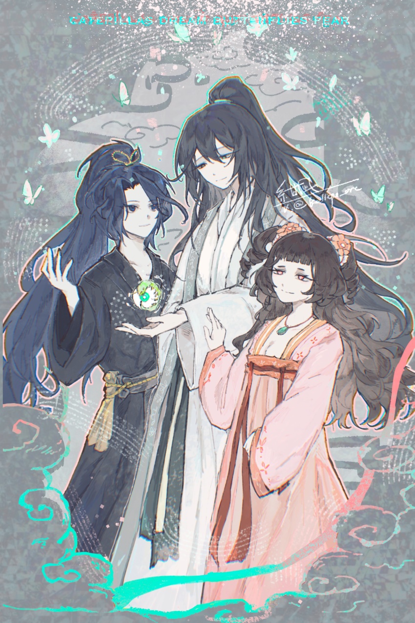 1boy 2girls absurdres black_eyes black_hat blue_eyes blue_hair blue_outline border brown_hair bug butterfly china_dress chinese_clothes clenched_hand cloud cowboy_shot curtained_hair double-parted_bangs dress flower hair_between_eyes hair_flower hair_ornament hair_tubes hand_on_another&#039;s_arm hanfu hat heterochromia high_ponytail highres hong_lu_(project_moon) insect jade_pendant kalliope_orc limbus_company lin_daiyu_(project_moon) long_hair looking_at_another multiple_girls object_floating_above_hand orange_eyes ornate_border outline outstretched_hand pink_outline ponytail project_moon rope_belt short_twintails smile twintails very_long_hair white_hanfu wide_sleeves xue_baochai_(project_moon)