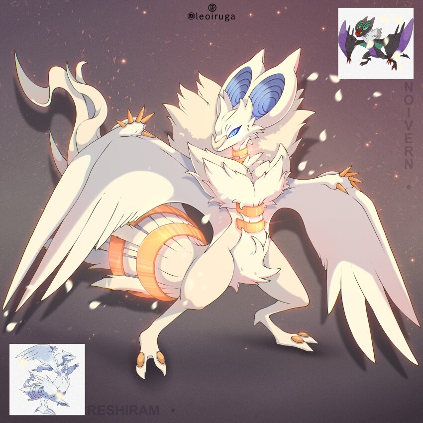 blue_eyes blue_sclera body_fur claws colored_sclera full_body fusion gen_5_pokemon gen_6_pokemon highres legendary_pokemon leoiruga nintendo no_humans noivern petals pokemon pokemon_(creature) reshiram solo standing tail twitter_username white_fur white_petals wings