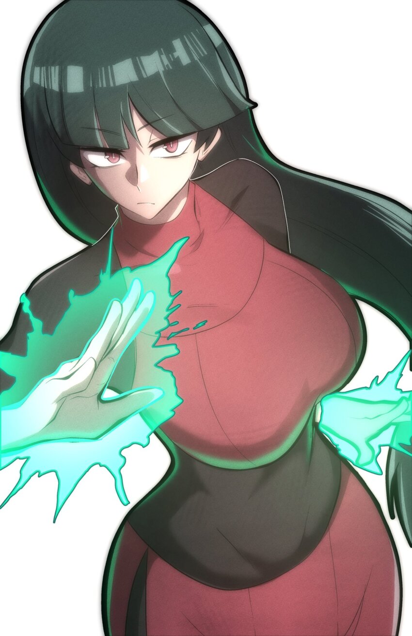 1girl blunt_bangs bodysuit bodysuit_under_clothes breasts collarbone green_hair highres hime_cut long_hair medium_breasts nintendo pencil_skirt pokemon pokemon_lgpe red_eyes sabrina_(pokemon) side_slit skirt solo telekinesis thatamaan three-quarter_sleeves upper_body