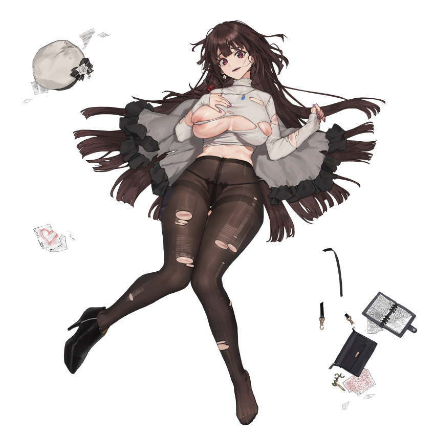 1girl areola_slip bag belt beret black_bag black_panties black_pantyhose black_ribbon black_shoes blue_gemstone breasts brown_hair capelet capelet_removed chain crazy_eyes defeat dirty dirty_clothes drawing earrings flower flower_earrings frilled_capelet frills front-seamed_legwear gem gold_chain grey_capelet grey_sweater hair_in_own_mouth hair_spread_out hand_on_own_chest hat heart high_heels highres huge_breasts impossible_clothes impossible_sweater injury jewelry knees_together_feet_apart lace lace_panties last_origin lingerie long_hair looking_at_viewer lying messy_hair micro_panties nail_polish necklace notebook official_alternate_costume official_art on_back panties panties_under_pantyhose pantyhose purple_eyes purple_nails ribbed_sweater ribbon rose scissors scissors_lise scribble seamed_legwear see-through_clothes see-through_legwear shoes shoulder_bag simple_background single_earring single_shoe skindentation solo string_panties sweater tachi-e torn_bag torn_capelet torn_clothes torn_pantyhose torn_paper torn_sweater transparent_background tunamayo_(dsasd751) turtleneck turtleneck_sweater underwear unworn_bag unworn_headwear white_flower white_hat white_rose