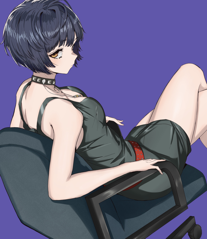 1girl absurdres belt black_dress blue_hair brown_eyes chair choker commentary_request crossed_legs dress highres on_chair persona persona_5 purple_background s-m-53413 short_hair simple_background sitting solo spiked_choker spikes studded_choker takemi_tae