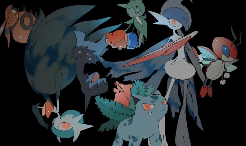 alternate_color arm_blade black_background black_dress black_gloves blue_hair bob_cut cape colored_skin deino_(pokemon) dress elbow_gloves fangs flower gallade gardevoir gen_1_pokemon gen_2_pokemon gen_3_pokemon gen_4_pokemon gen_5_pokemon gloves green_skin highres insect_wings ivysaur ledian mega_gallade mega_gardevoir mega_pokemon naqna nintendo orange_eyes pokemon pokemon_(creature) roselia_(pokemon) shiny_pokemon simple_background venipede weapon white_skin wings
