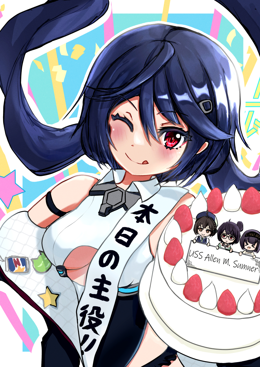 4girls ;d absurdres allen_m._sumner_(azur_lane) asagiri_rey azur_lane badge bare_shoulders birthday_sash black_coat black_hair black_leotard braid braided_bun breasts bristol_(azur_lane) button_badge cake clothing_cutout coat collared_leotard cooper_(azur_lane) food frilled_leotard frills hair_bun happy_birthday highres ingraham_(azur_lane) jacket leotard long_hair long_sleeves looking_at_viewer medium_breasts mini_person minigirl multicolored_leotard multiple_girls off_shoulder one_eye_closed open_clothes open_coat open_mouth rabbit_pin red_eyes smile twintails two-tone_leotard underboob underboob_cutout upper_body