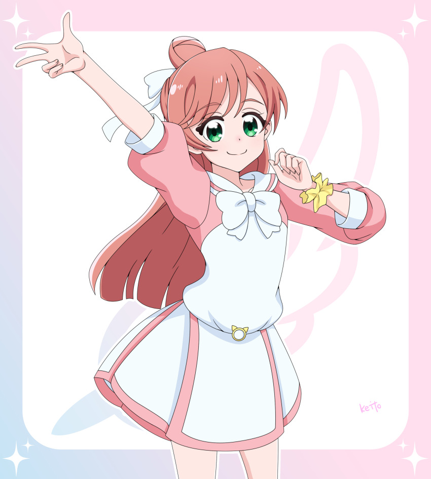 1girl absurdres arm_up artist_name asymmetrical_sleeves blue_border border bow bowtie casual closed_mouth collarbone collared_dress commentary cowboy_shot dot_nose dress four-pointed_star gradient_border green_eyes hair_bun hair_ribbon half_updo highres hirogaru_sky!_precure long_hair looking_at_viewer multicolored_border multicolored_dress nijigaoka_mashiro pink_border pink_dress pink_hair precure ribbon sailor_collar sakuragawa3710 scrunchie short_dress single_hair_bun smile solo star_(symbol) star_border teeth two-tone_dress upper_teeth_only w white_background white_bow white_bowtie white_dress white_ribbon white_sailor_collar wrist_scrunchie yellow_scrunchie