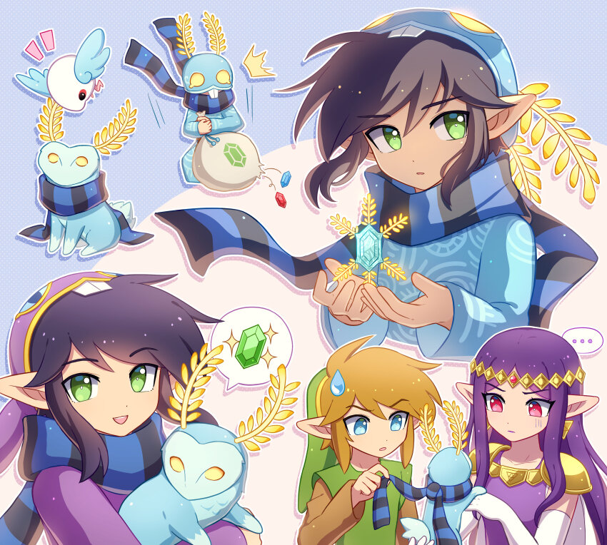 ... 1girl 2boys ^^^ absurdres animal_hood armor bird black_hair black_scarf blonde_hair blue_background blue_eyes blue_scarf blupee blush brown_shirt closed_mouth commentary dress earrings elbow_gloves english_commentary enni gloves green_headwear green_tunic hands_up hat highres holding holding_sack hood hood_down hood_up jewelry link long_hair long_sleeves looking_at_viewer motion_lines multiple_boys multiple_views nintendo notice_lines open_mouth pauldrons pointy_ears princess_hilda purple_dress purple_hair ravio red_eyes rupee_(zelda) sack scarf sheerow shirt short_hair shoulder_armor sidelocks simple_background sparkle speech_bubble spoken_ellipsis spoken_object striped_clothes striped_scarf sweatdrop swept_bangs the_legend_of_zelda the_legend_of_zelda:_a_link_between_worlds triforce tunic two-tone_background v-shaped_eyebrows white_background white_gloves yellow_eyes
