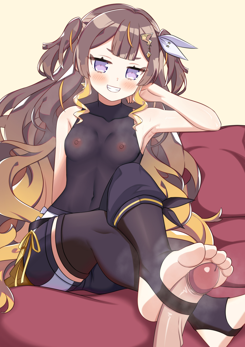 1girl absurdres anya_melfissa asymmetrical_clothes black_leotard black_pants black_thighhighs blonde_hair blunt_bangs breasts brown_hair covered_navel crossed_ankles disembodied_penis feet foot_focus foot_out_of_frame footjob gradient_hair hair_ribbon head_rest highres hololive hololive_idol_uniform_(color_rise) hololive_indonesia kris_hair_ornament leotard light_blush long_hair medium_penis mixed-language_commentary multicolored_hair nipples no_shoes pants penis penis_in_thighhigh purple_eyes ribbon second-party_source see-through_clothes see-through_leotard shirt short_eyebrows single_pantsleg sitting smell smug steaming_body streaked_hair sweat thighhighs toeless_legwear uncensored unworn_shirt very_long_hair virtual_youtuber wavy_hair white_ribbon yellow_background zedxxx