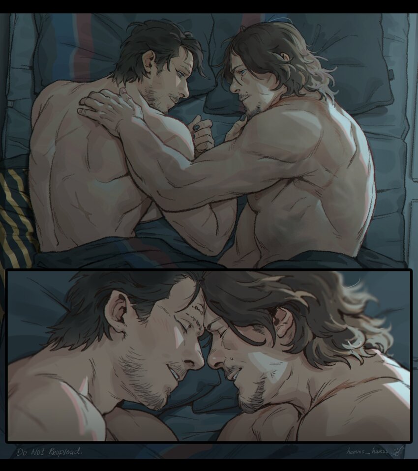 2boys bara bed black_hair black_nails brown_hair closed_eyes couple death_stranding facial_hair hamms_hamss higgs_(death_stranding) highres indoors large_pectorals looking_at_another lying male_focus multiple_boys muscular muscular_male nipples on_bed on_side pectorals sam_porter_bridges short_hair smile twitter_username yaoi
