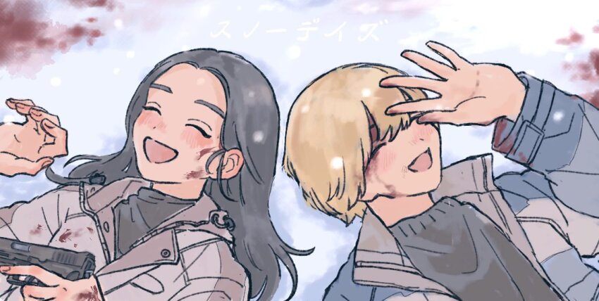 2girls baby_walkure black_hair black_sweater blonde_hair blood blood_on_clothes blood_on_face blood_on_snow blue_jacket closed_eyes commentary_request fukagawa_mahiro grey_jacket gun handgun holding holding_gun holding_weapon jacket long_hair lying multiple_girls neppatsu_(swdha3006) on_back open_mouth short_hair simple_background sugimoto_chisato sweater trigger_discipline weapon