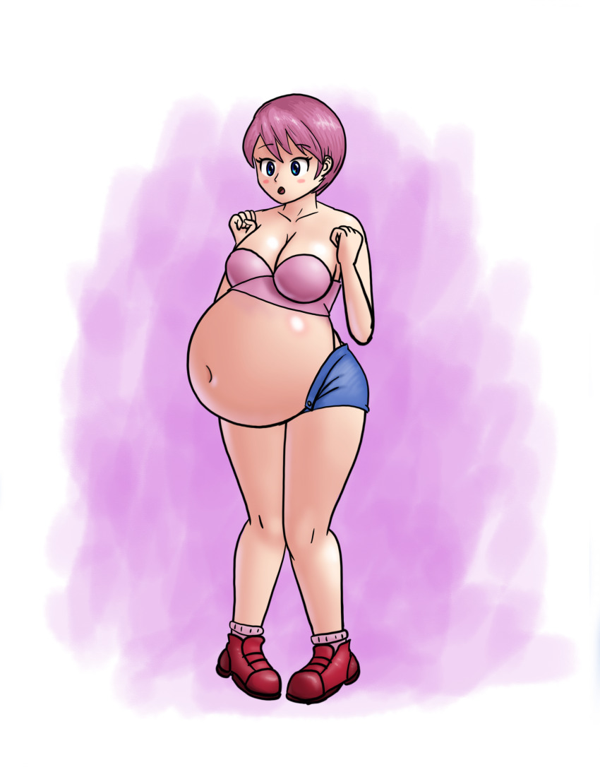 1girl absurdres arms_under_breasts belly_stuffing blue_eyes blue_shorts breasts female_focus full_body highres humanization inflation kirby kirby_(series) large_breasts nintendo pink_hair pink_skirt saf-404 shoes short_hair short_shorts shorts sideboob skirt solo_focus thick_thighs thighs white_background worried