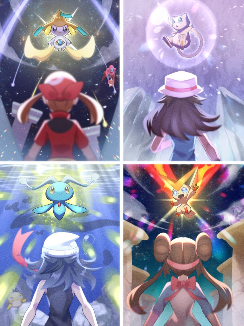 4girls bandana black_shirt blue_hair blue_shirt blurry blurry_foreground brown_hair dawn_(pokemon) deoxys donut_hair_bun double_bun from_behind gen_1_pokemon gen_3_pokemon gen_4_pokemon gen_5_pokemon hair_bun hat highres inana_umi jacket jirachi leaf_(pokemon) legendary_pokemon long_hair looking_at_another luvdisc manaphy may_(pokemon) medium_hair mew_(pokemon) multiple_girls mythical_pokemon nintendo pokemon pokemon_(creature) pokemon_bw2 pokemon_dppt pokemon_frlg pokemon_rse psyduck red_bandana red_jacket rosa_(pokemon) shirt victini white_hat white_shirt