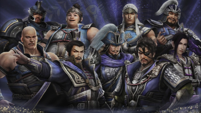 6+boys armor bald bare_shoulders beard black_hair cao_cao cao_ren dian_wei eyepatch facial_hair fat fat_man grin hat helmet japanese_clothes long_hair male_focus multiple_boys open_mouth outstretched_arm shin_sangoku_musou shirt shoulder_pads sleeveless sleeveless_shirt smile upper_body white_hair xiahou_dun_(shin_sangoku_musou) xiahou_yuan xu_huang xu_zhu zhang_he_(shin_sangoku_musou) zhang_liao_(shin_sangoku_musou)