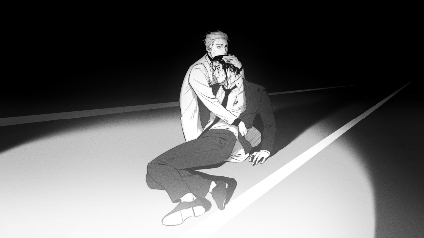 2boys bleeding blood blood_on_clothes blood_on_face collared_shirt commentary_request fine_art_parody formal_clothes full_body gin_to_kin greyscale hair_slicked_back hand_on_another&#039;s_head highres hirai_ginji ivan_the_terrible_and_his_son_ivan jacket korean_commentary long_sleeves looking_afar male_focus monochrome morita_tetsuo multiple_boys necktie noname_(wildofblue) pants parody shirt shoes short_hair sitting suit