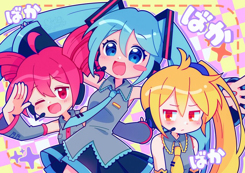 3girls :d ;d absurdres ahoge akita_neru antenna_hair aqua_hair aqua_nails aqua_necktie aqua_trim arm_up artist_name bare_shoulders black_skirt black_sleeves blonde_hair blue_eyes blush blush_stickers breast_pocket buttons checkered_background closed_mouth collared_shirt commentary cowboy_shot detached_sleeves double-parted_bangs drill_hair drop_shadow english_commentary expressionless fingernails four-pointed_star front_slit grey_shirt grey_sleeves hair_between_eyes hair_ornament hatsune_miku headset highres jitome kasane_teto kasane_teto_(utau) long_hair long_sleeves looking_at_another looking_at_viewer marikyuunn miniskirt multiple_girls nail_polish necktie one_eye_closed open_mouth orange_eyes outline outstretched_arms pink_background pleated_skirt pocket ponytail red_eyes red_hair red_trim salute shirt side-by-side side_ponytail signature skirt sleeveless sleeveless_shirt smile spread_arms spread_fingers star_(symbol) tareme triple_baka_(vocaloid) twin_drills twintails two-tone_background upper_body utau very_long_hair vocaloid white_outline yellow_background yellow_necktie yellow_trim