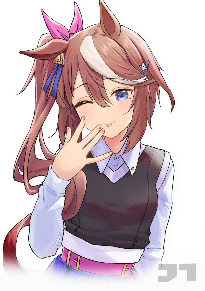 1girl absurdres animal_ears belt blue_eyes bow brown_hair ear_ribbon hair_between_eyes hair_ornament hairclip high_ponytail highres horse_ears horse_girl horse_tail jtleeklm long_hair long_sleeves looking_at_viewer mejiro_mcqueen_(umamusume) multicolored_hair one_eye_closed pink_belt ponytail simple_background smile solo streaked_hair tail tokai_teio_(umamusume) tongue tongue_out two-tone_hair umamusume upper_body white_background white_hair
