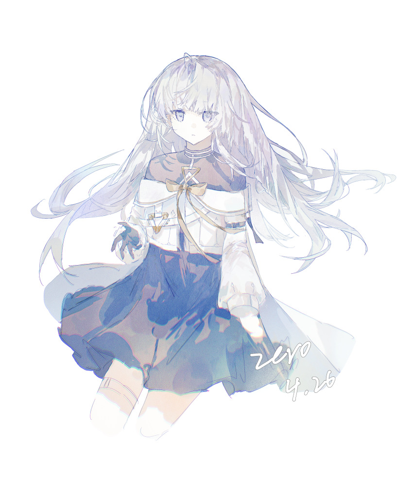 1girl absurdres arcaea black_gloves black_pantyhose black_skirt bow chain collared_shirt earrings gloves grey_hair hair_between_eyes highres insight_(arcaea) insight_(designant)_(arcaea) jewelry lacrymira_0 long_sleeves necktie pantyhose purple_eyes red_necktie shirt single_shoulder_pad skirt smile solo thigh_strap white_hair white_shirt yellow_bow