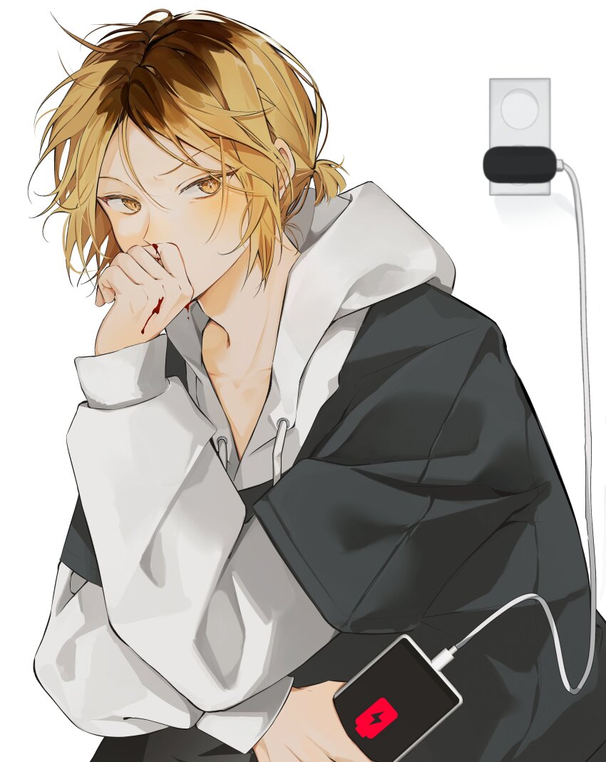 1boy absurdres battery blonde_hair blood blood_on_hands blush collarbone covered_mouth eyelashes haikyuu!! highres holding holding_phone hood hood_down hoodie kozume_kenma long_sleeves looking_at_viewer male_focus medium_hair myanya nosebleed phone solo upper_body white_background yellow_eyes